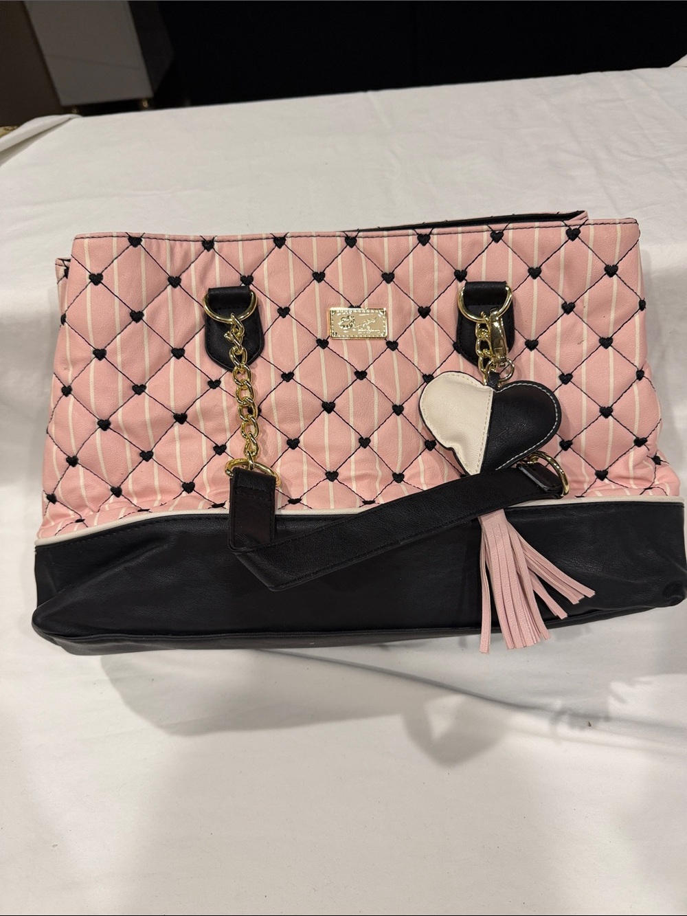Betsey Johnson Pink Quilted Tote with Black Trim and Heart Charm